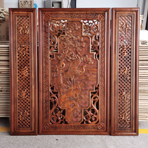 Zhongtang hanging painting Dongyang wood carving wall hanging Chinese living room pendant incense camphor wood carving couplet three-piece set of solid wood plaque