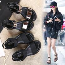 Yang Mi with the same thick-soled sandals womens 2021 new Korean version of the wedge heel flat muffin velcro high-heeled womens shoes
