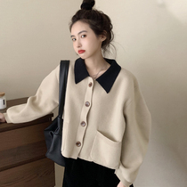 Lazy wind cardigan sweater coat womens autumn and winter 2021 New Korean color lapel collar short knitted top