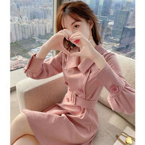 Double-breasted pink suit dress 2021 new autumn women long sleeve waist slim A- line dress