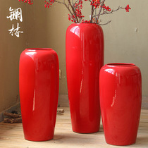 Chinese red ceramic floor vase new Chinese hotel classical flower arrangement New year living room decorations