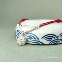 Slow life silver S925 sterling silver hollow palace bell anklet retro ethnic style red rope bracelet Parent-child baby