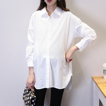 2021 maternity clothes new loose version large size shirt autumn pregnant women lapel bottom top spring and autumn white shirt Korean