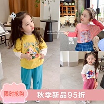  Small Wonton childrens clothing printed T-shirt long-sleeved spring and Autumn girls pure cotton cartoon bottoming shirt childrens fake two-piece top