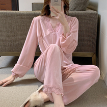 Evening breeze on clouds ~ Home daily lace golden velvet pajamas Womens Spring and Autumn long sleeve two-piece suit