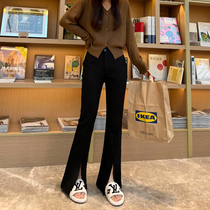High waist open fork Microhorn pants woman 2022 Spring new black workout slim casual wide leg drag long pants