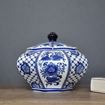 Octagon jar blue bottom blue and white porcelain Jingdezhen ceramic storage ornament tea leaf snack soft decoration new Chinese seal