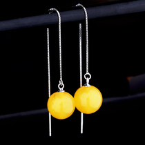 S925 pure silver ear line empty toinlaid pearl honey wax amber green pine stone round pearl box chain with needle earrings