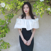 Party dress Birthday party party thin temperament black and white one-word collar ruffle dress Qin Lan with the same paragraph