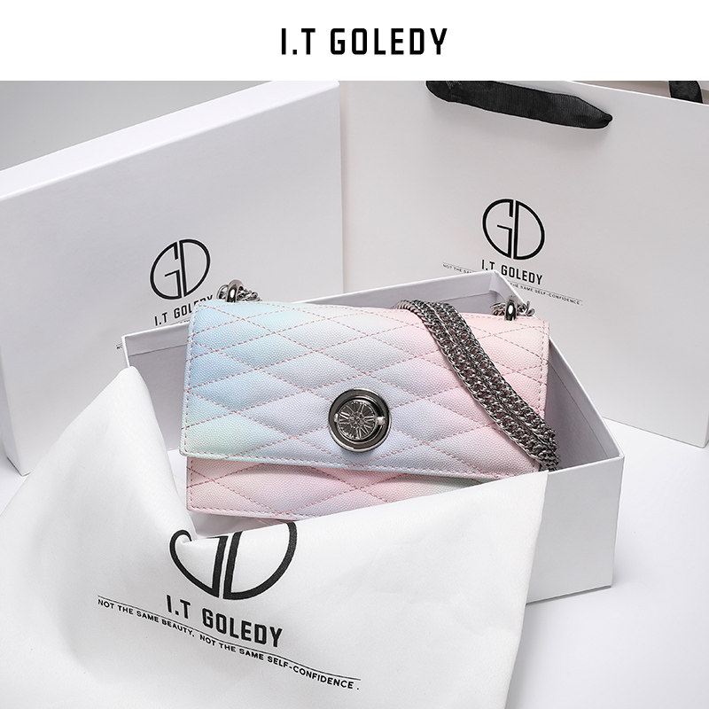 Hong Kong ITGDLEDY leather small ck womens bag 2020 new trendy rainbow womens bag chain sloping small bag