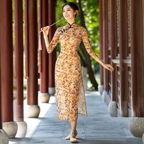 Classical dance practice dress female mesh stretch cheongsam dance suit long split dress Chinese dance performance suit