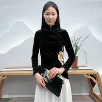 Vintage Chinese Top 2021 Summer Fall Thin Velvet Slim Long Sleeve Size Black White Top