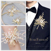 Bride Wrist Flower Groom Corsage Set Morine Golden European hipster Beaded Ribbon Wedding Corsage Streamer