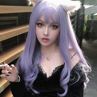 taobao agent Purple wig, bangs, wavy brand helmet, curls, internet celebrity