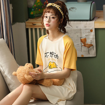 Sleeping Skirt Woman Summer Pure Cotton Short Sleeve Han Edition Student Sweet Cute Cartoon Loose Pregnant Woman Big Code Sleeping Clothes Summer Thin