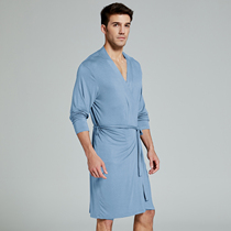  Silky modal cotton nightgown Mens spring and autumn ice silk bathrobe Sexy pajamas All-in-one home service mens nightgown