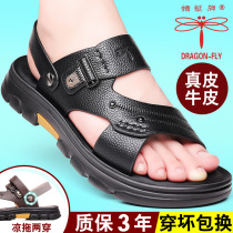 Dragonfly Truffle Men Sandals Summer New Genuine Leather Beach Shoes Men Casual Thick Underfloor Sandals Middle-aged Dad Shoes