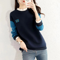 First-line brand cutting foreign trade export womens autumn and winter fashion age reduction splicing color wood ear edge plus velvet sweater women