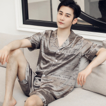 Spring and summer pajamas mens silk thin short sleeve mens home clothes large size loose ice silk summer shorts set