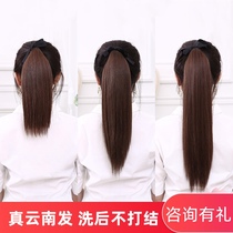  Real hair ponytail wig Female mid-length strap type short straight hair net red braids full real hair high ponytail natural