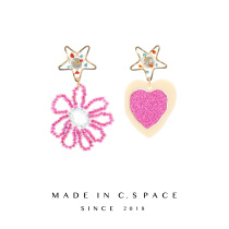 Dopamine Jewelry Pink Heart Flower Asymmetrical Earrings Sweet and Girly Beaded Ear Studs No Pierced Ear Clips