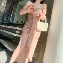 Design sense niche square collar shoulder chest evening dress French light luxury temperament slim hip sexy dress