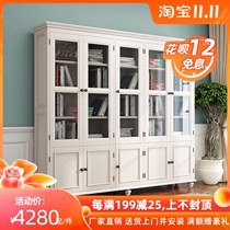 American country bookcase solid wood White large bookcase log combination glass door frame simple modern assembly locker