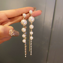 925 silver pin Diamond Pearl tassel earrings European and American personality long earrings Net Red fashion temperament tide earrings women
