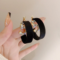 925 silver needle digital flocking black ear ring Korean temperament plain ring earrings Joker retro advanced ear ring female