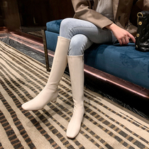Square head white boots womens knee-high heels 2021 new leather thin little knight boots high boots winter