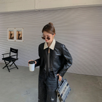 CC fur white collar new fashion lace-up imported leather sheepskin leather jacket womens spring and autumn short section
