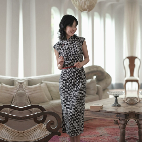 Летнее длинное ретро ципао с молнией, средней длины