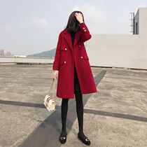 Wine red cashmere coat women long 2021 Winter new thin temperament over the knee double-sided woolen coat women