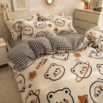 Autumn and winter thickened warm milk velvet bed sheets four-piece set of small Ru cool princess style simple cartoon coral velvet quilt cover