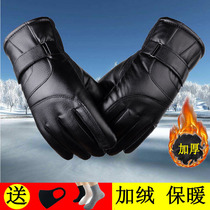  Leather gloves Winter mens motorcycle riding electric car winter cycling plus velvet thickened warm gloves plus cotton gloves