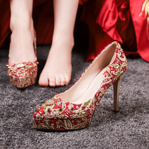 Chinese red 11cm high-heeled waterproof platform fine-heeled wedding shoes womens new Xiuhe shoes bridal shoes rivet wedding shoes