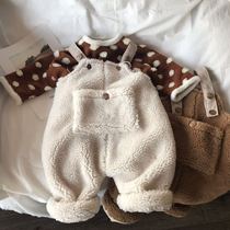 2021 Winter new boys and girls baby cute plush padded velvet velvet pants Korea children warm back straps pants
