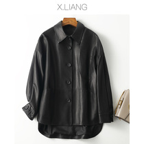 Leather womens spring and autumn 2021 New lazy casual loose leather shirt Haining leather jacket sheep jacket