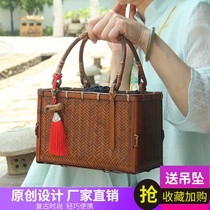 Bamboo woven handbag Retro womens bag Holiday portable basket Bamboo woven products Bamboo crafts handmade bamboo woven bag