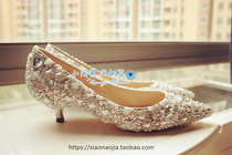Small make home original shop manual customization white Swarovski Crystal Pearl gemstones low heel 3cm wan yan hui wedding shoes