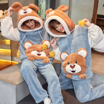Pajamas female cartoon autumn and winter couples coral velvet warm men plus velvet padded flannel home clothing two-piece set