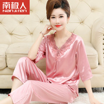 Antarctic Pajamas Womens Summer Long Sleeves Ice Silk Thin 2022 New Middle-Aged Mom Collarless Loungewear Set