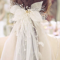 Wedding Bride Short head Accessories Mori bow tie wedding dress Fairy Beauty Double Layer Mid-Length Handmade Leaves Pearl head yarn