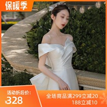 Satin light wedding dress 2021 New one shoulder bride outdoor tour beautiful wedding dress Super fairy temperament go out gauze autumn