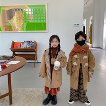Lazy calf boys and girls Korean version of the college style outside the coat childrens hooded long horn buckle thick coat