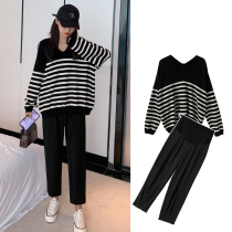 Japanese maternity dress set Spring and Autumn loose stripe T-shirt shirt top belly pants hot mom out two-piece set