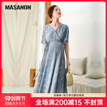 MASANON maternity dress summer V collar fashion foreign tide mother out thin Belly Belly short sleeve long dress women