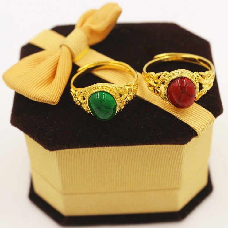 日韩欧币镀24k黄金色镶宝石戒指女久不掉色仿越南沙金红宝石指环