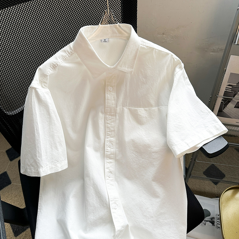Summer thin Hong Kong style short sleeved shirt, men's casual and versatile, solid color trendy brand, ruffian and handsome Japanese youth shirt