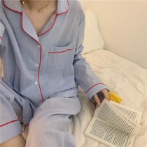 INS pajamas womens spring and autumn long-sleeved striped shirt trousers lazy simple autumn and winter thin home clothes two-piece set